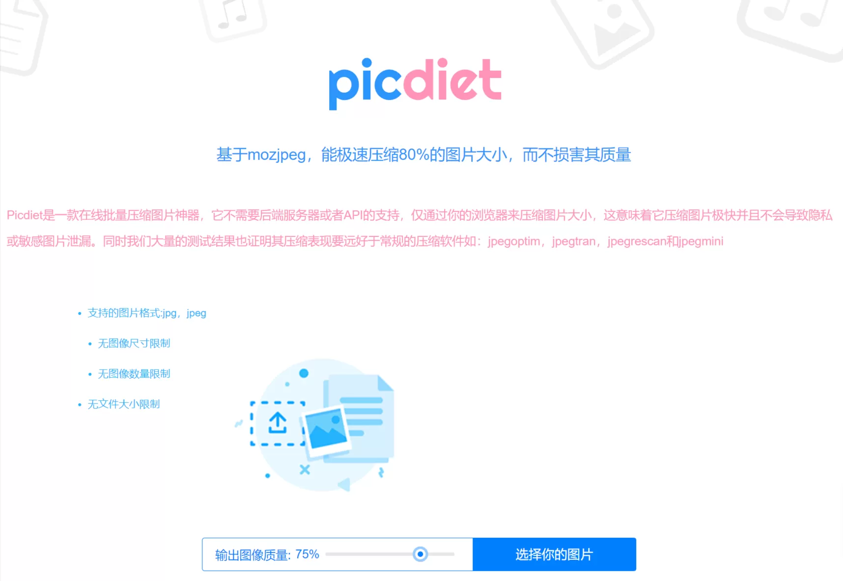 网站推荐:Picdiet（能极速压缩 80% 的图片大小，而不损害其质量）